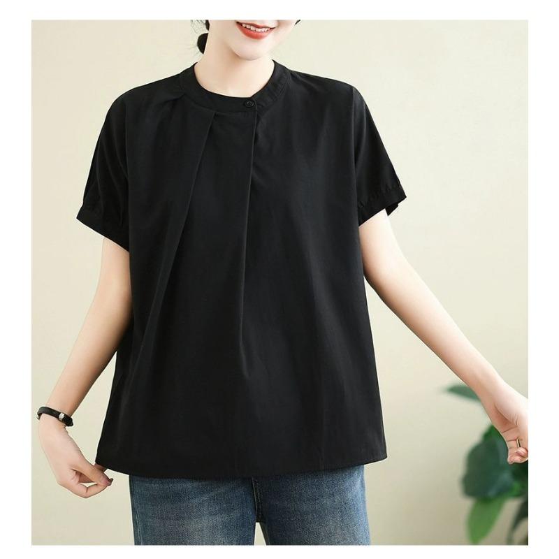 Japansk Oregelbunden Veckad Lös Ståkrage Kortärmad Skjorta Dam Sommar Ren Bomull Topp