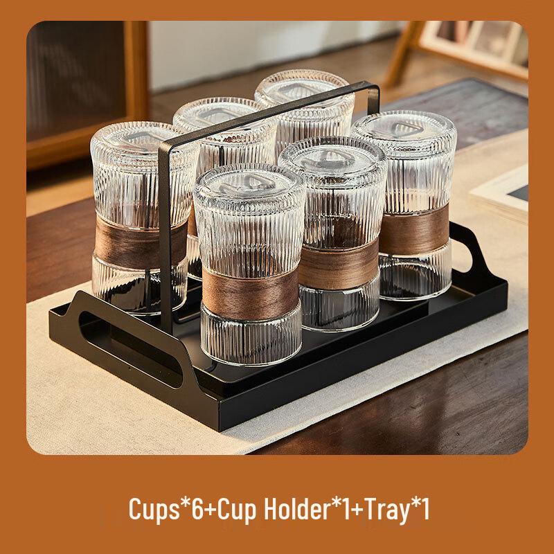 Premium Striped Borosilicate Glass Tea Cup Set with Wooden Ring
