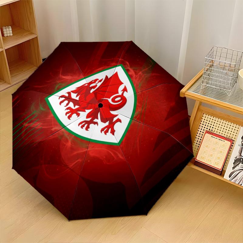 Wales Rugby Print Auto 8?Ribs Folding Umbrella Wind Resistant Lightweight Automatic Umbrella For Daily Travel