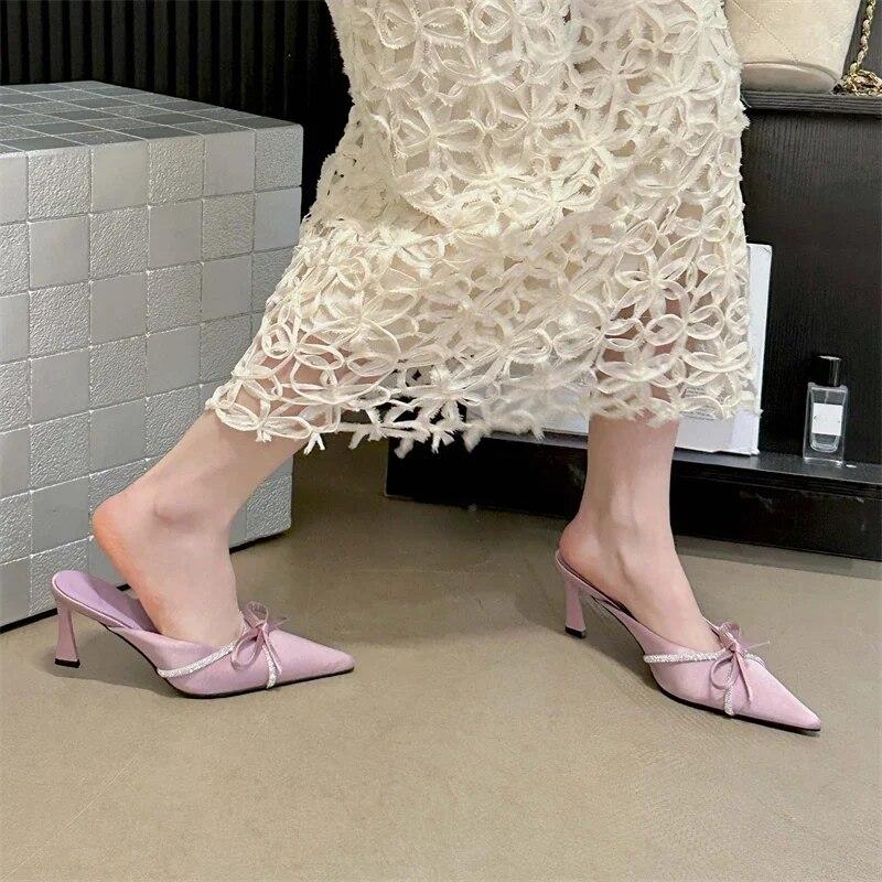 Eilyken Butterfly-knot Woman Slippers Pumps Design Style Low Heels Ladies Pointed Toe Shoes Mules Crystal Slides