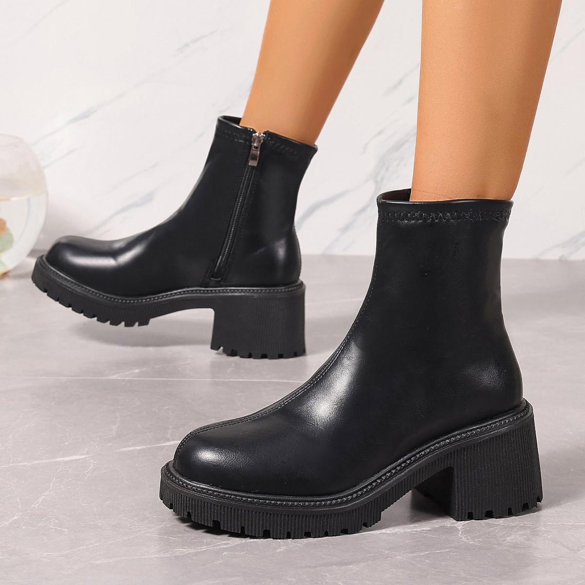 

мода Модные толстые высокие каблуки ботильоны женские 2024 осень боковая молния PU кожаные ботинки женские большие размеры черные толстые каблуки ботильоны 42 чёрный