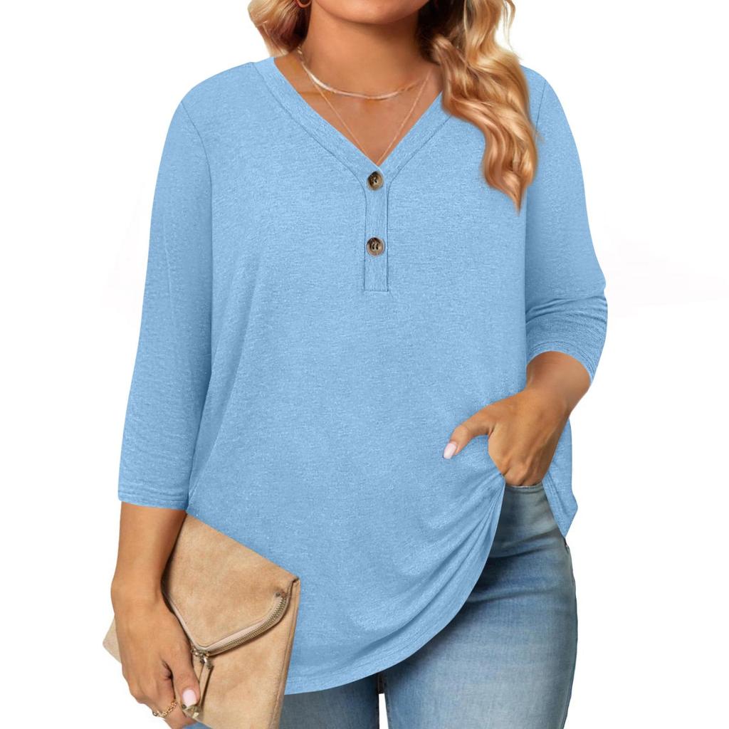 3/4 Length Sleeve Womens Tops Plus Size Button Down V Neck Shirts Blouses Casual Solid Color Loose