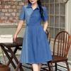 Women Casual Turn Down Collar Short Sleeve Patchwork Dress