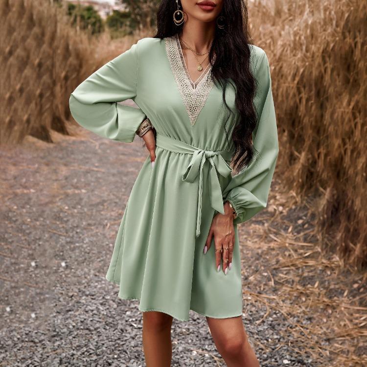 Elegant Women High Waist V Neck Lace Dress Long Sleeve Solid Fashion Mid Length Spring Autumn Dress