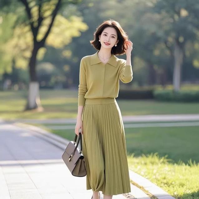 Elegant Olive Green Knitted Sweater and Midi Skirt Set for Mature Women