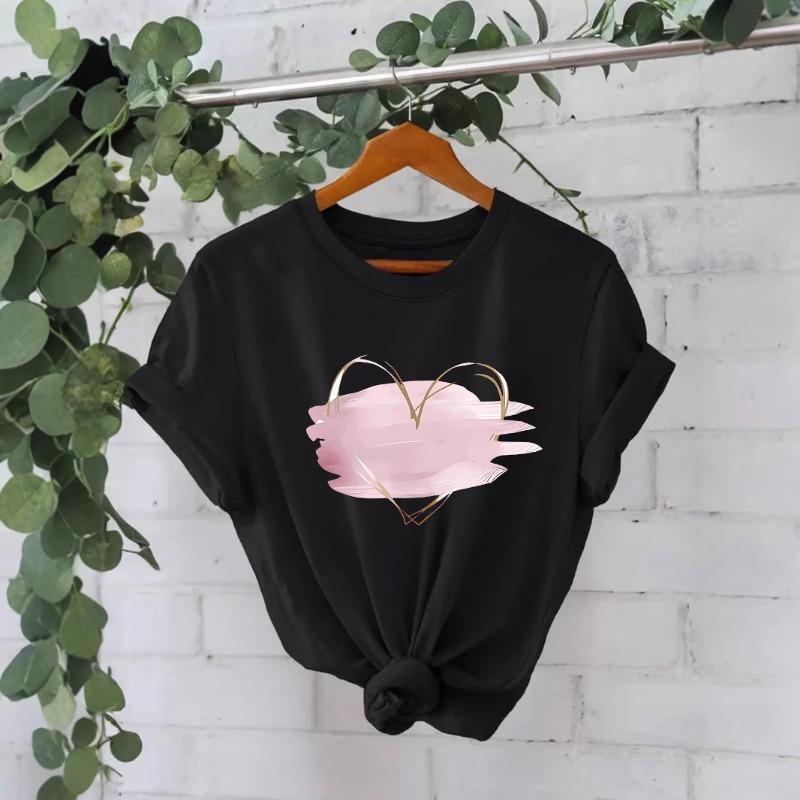 Pure Cotton Pink Heart-shaped Round-neck Loose Short-sleeved Casual Pure Cotton T-shirt