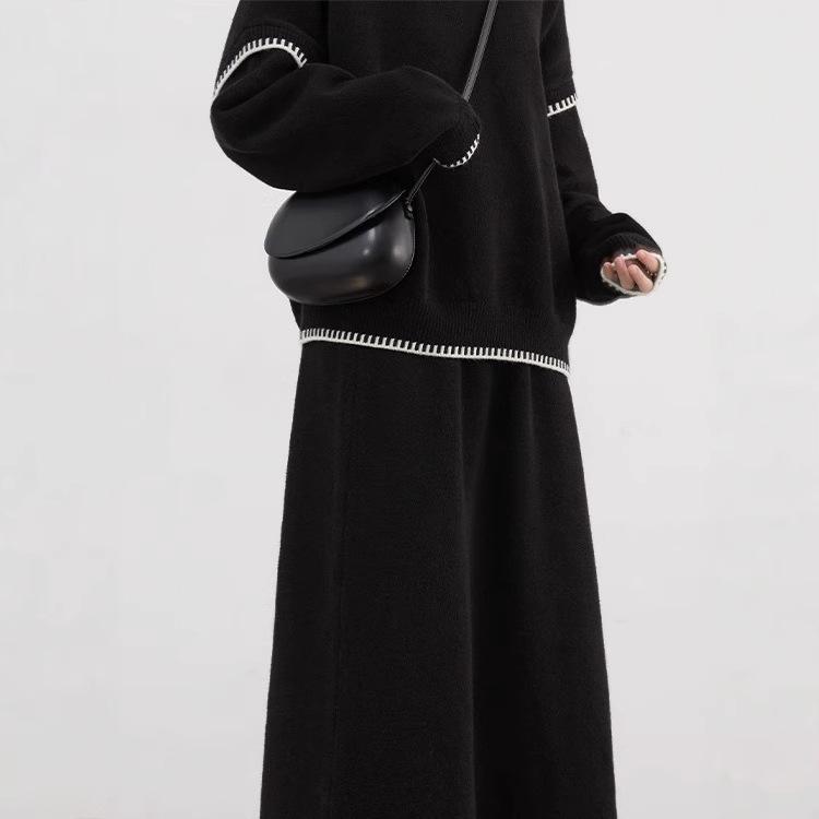 "Free To Go" Winter Lazy Round Neck Contrast Edge Sweater & Skirt Set