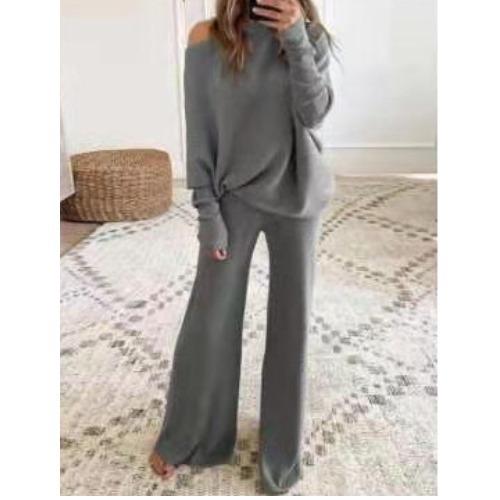 Women's Loose Fit Two-piece Outfit Long Sleeve Off-the-Shoulder Top Drawstring Waist Wide Leg Pants Ribbed Knit Loungewear Set