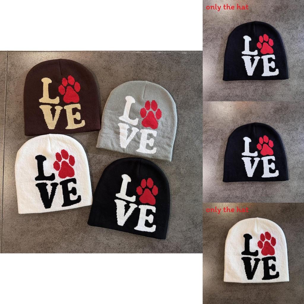 Letter Dog Paw Pattern Neutral Casual Warm Knitted Hat For Street Style Fashion