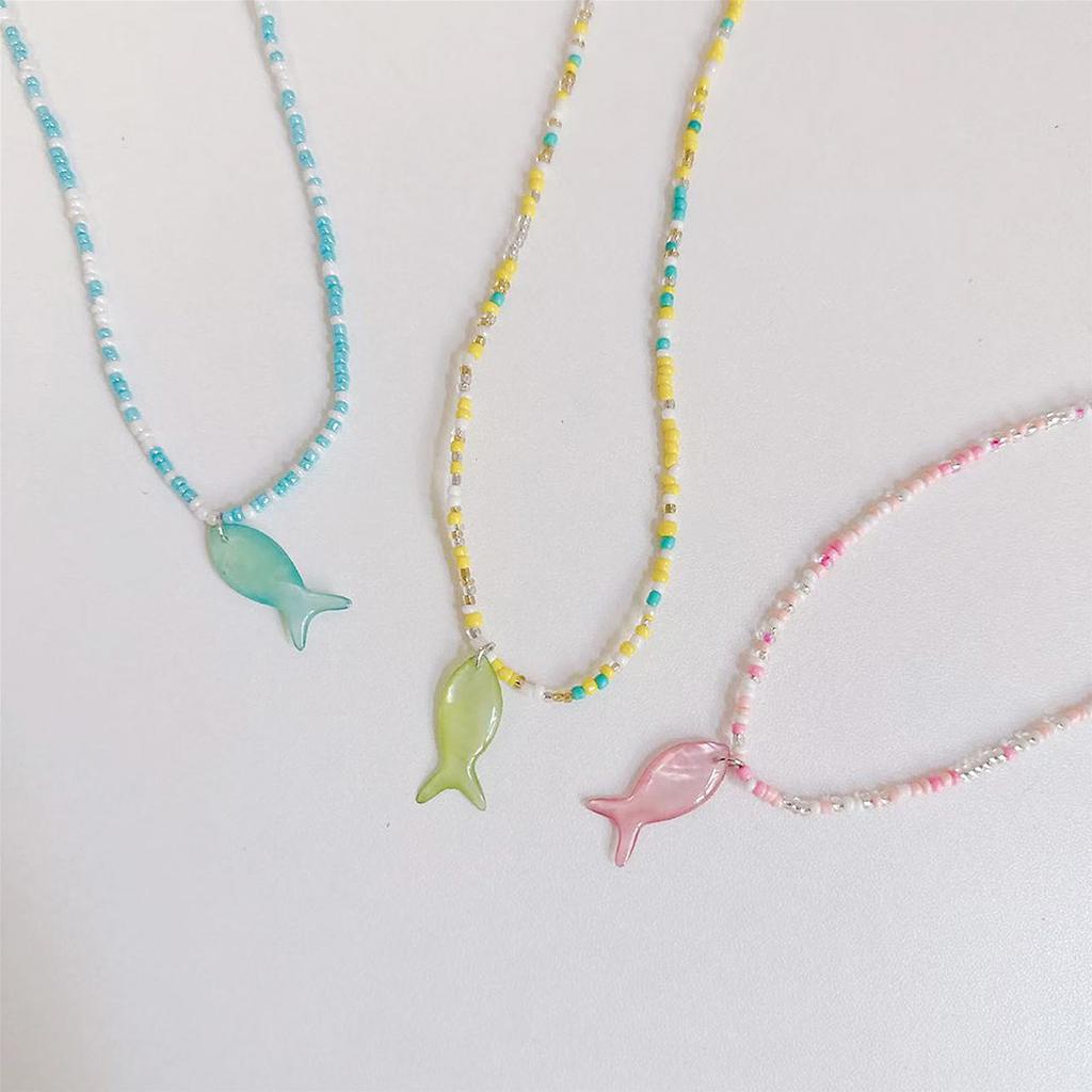 Vintage Blue Beaded Vintage Fish Pendant Necklace For Women Elegant Adjustable Length Collarbone Chain Gift For Her