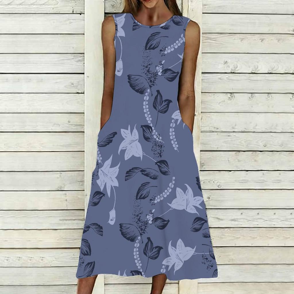 Ladies Plus Size Sleeveless Round Neck Dress Charming Cluster Floral Flowy Calf Length Dress