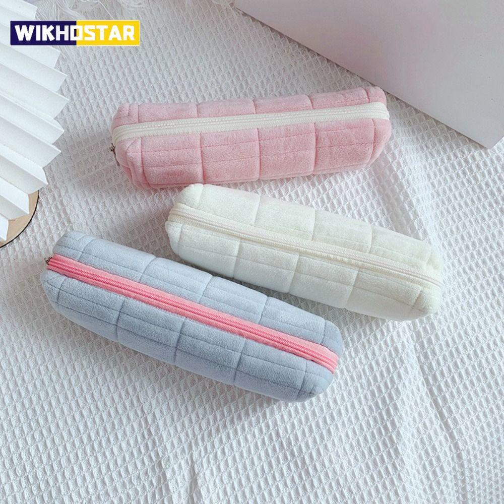 Plush Lattice Pencil Bag Portable Simple Pencil Case with Zipper Large Capacity Stationery Storage Box School Supplies