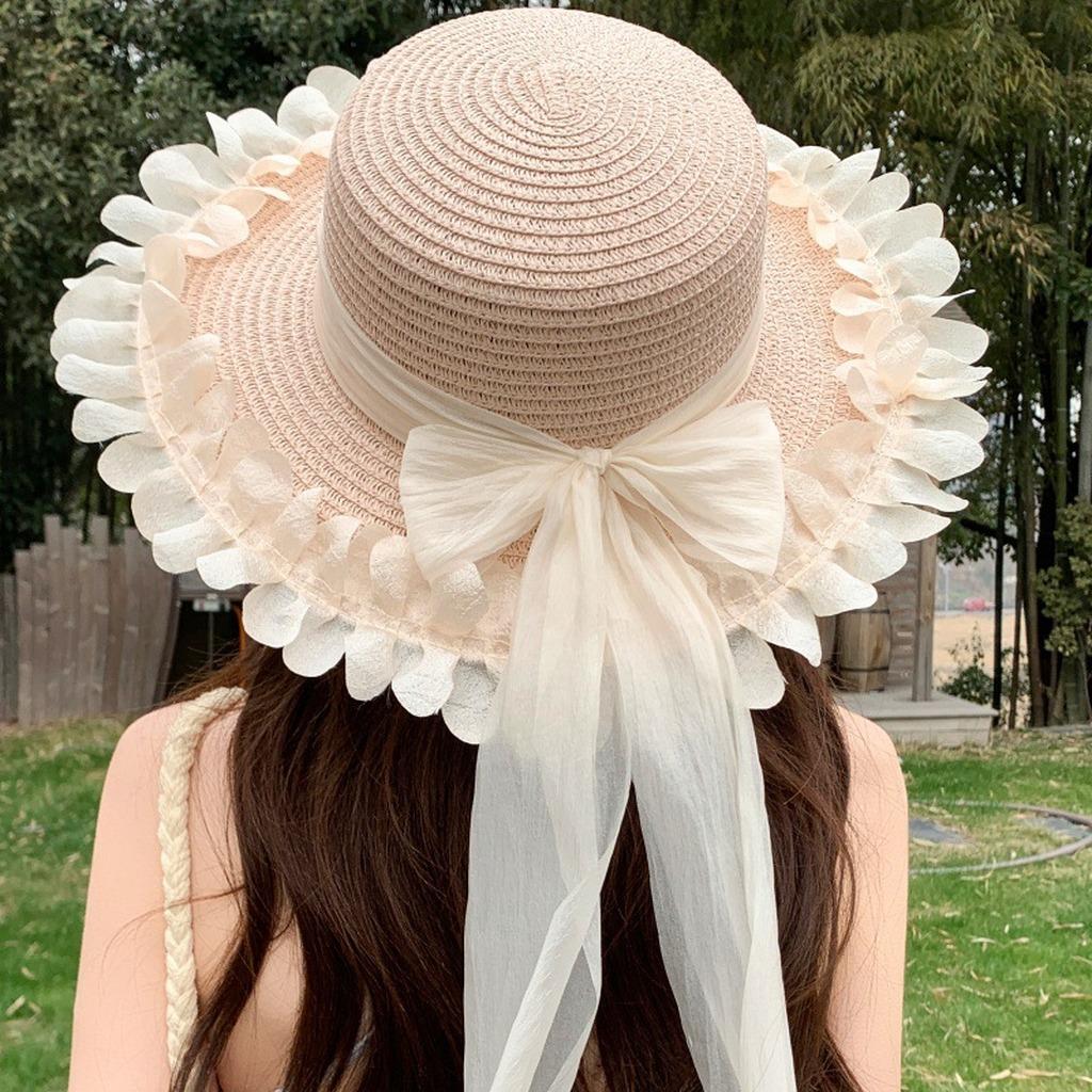 Wide Brim Sun Hat Exquisite Outdoor Vacation Sun Hat Women'S Flat Top Straw Sun Hat Adjustable For Beach Vacation Picnic Seaside