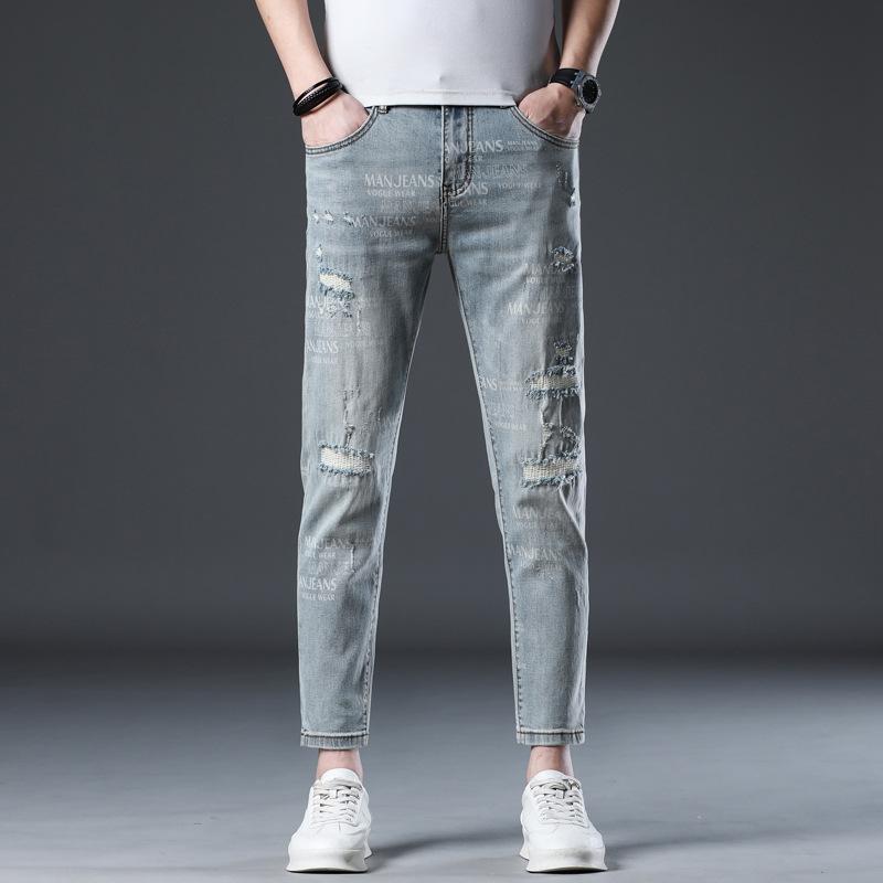 

Летние джинсы в корейском стиле, облегающие брюки длиной девять точек, эластичные, с ретро-принтом 38