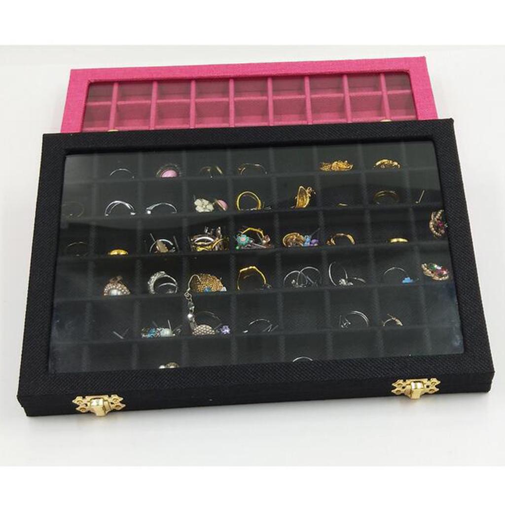 54 Grids Clear Lid Jewelry Tray Showcase Display Storage Linen Case Yellow