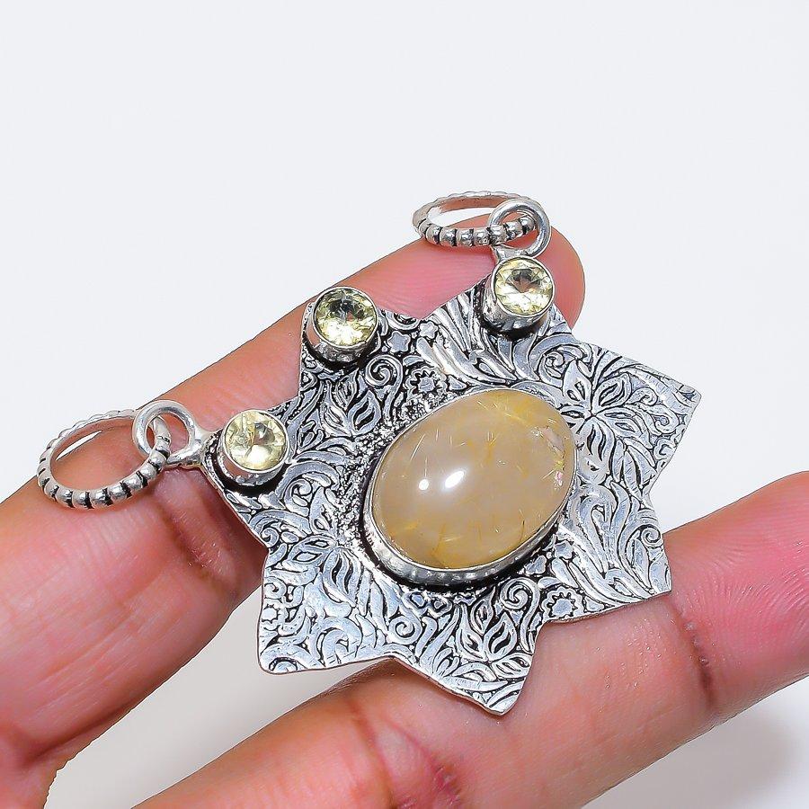 Natural Golden Rutile, Citrine 925 Sterling Silver Jewelry Pendant 1.77" ZS-1262