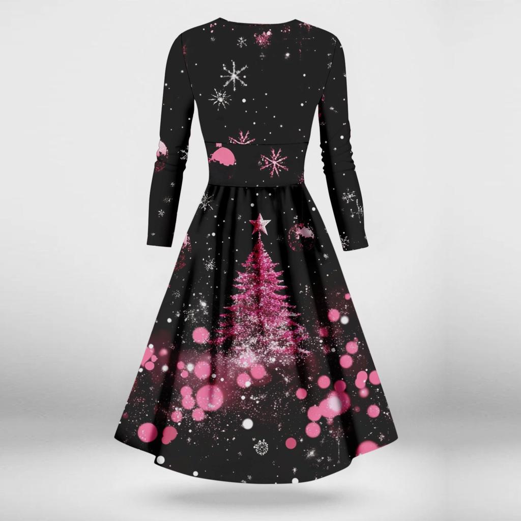 Dámské houpací šaty Slim Fit s dlouhým rukávem a potiskem sněhových vloček s výstřihem do V