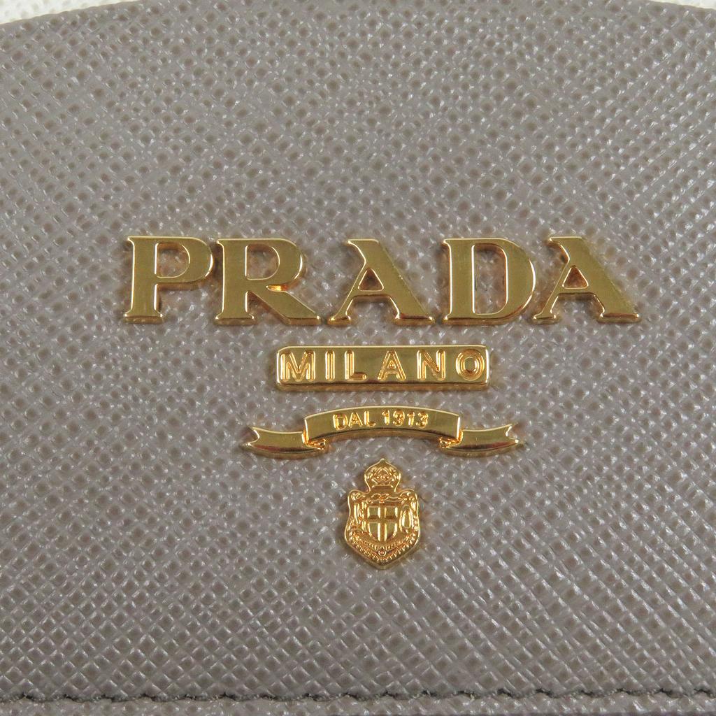 Excellent PRADA Card Case Metal Logo Pass Case/business Card Holder Beige Safiano Leather Used
