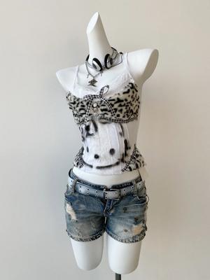 Vintage Y2K Hottie Halter Tank Tops American Subculture Leopard Patchwork Vest Women's Kawaii Cat Print Slim-fit Short Top