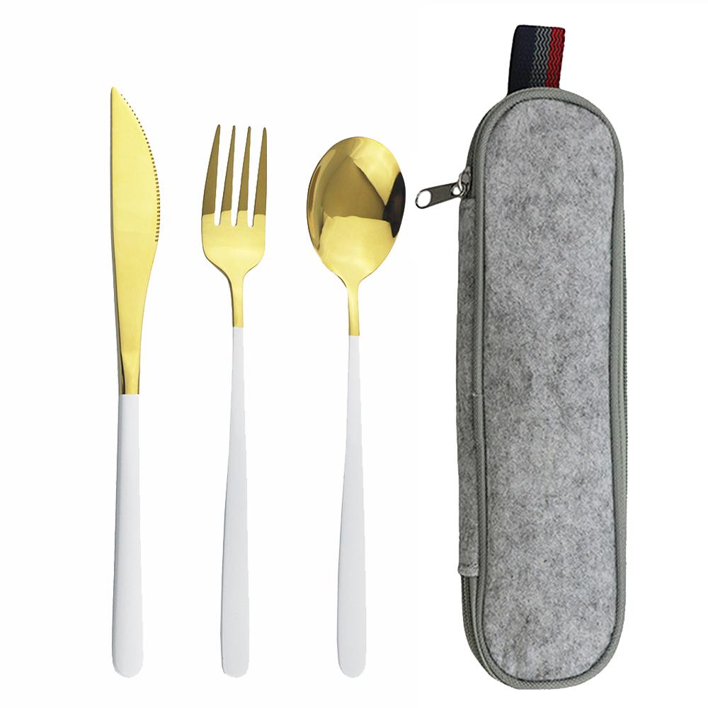 Pink Gold 4Piece Dinnerware Set Portable Reusable Cutlery Set For Travel Camping Flatware Spoon Fork Utensils Set and Bag