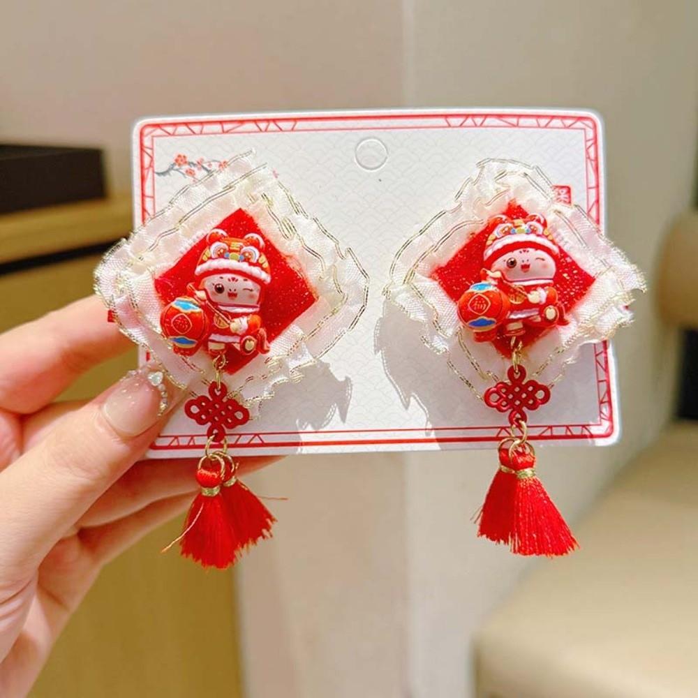 

2pcs Bow New Year Tassel Barrettes Lion Ancient Style Hair Clip Cute Embroidered Bow Headwear Girls Style 8