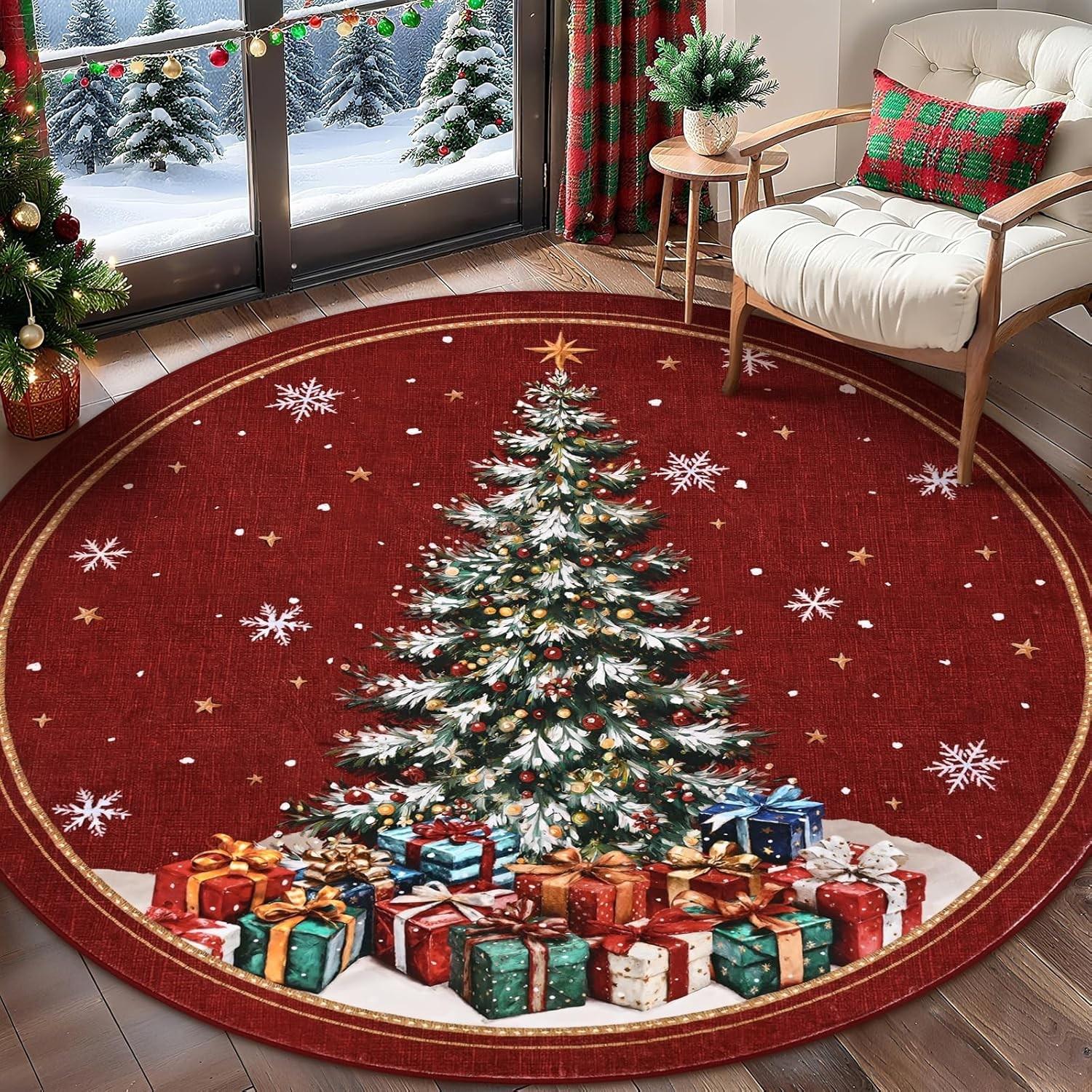 

Winter Christmas Snowman Round Rug for Living Room Non Slip Bedroom Mats Circle Rugs for Room Home Christmas Decorations Carpet 80cm