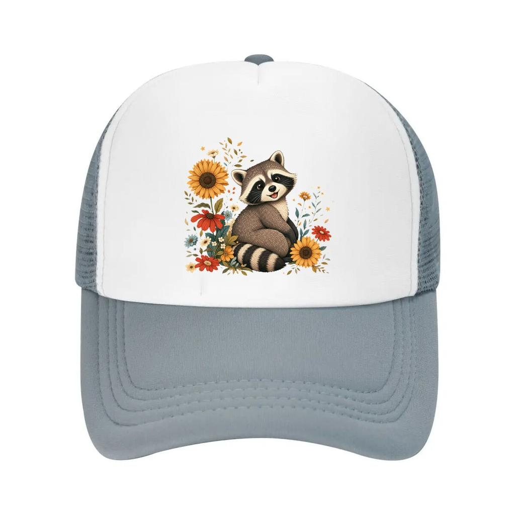 Whimsical Forest Raccoon Floral Port Mesh Baseball Cap Casual Hat Outdoor For Womens Unisex FeUnisex
