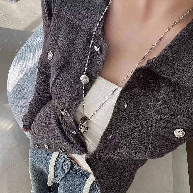 Y2K Vintage Spotted Tiger Eye Stone Irregular Pendant Necklace for Women Long Chain Girls Charm Aesthetic Jewelry Accessories