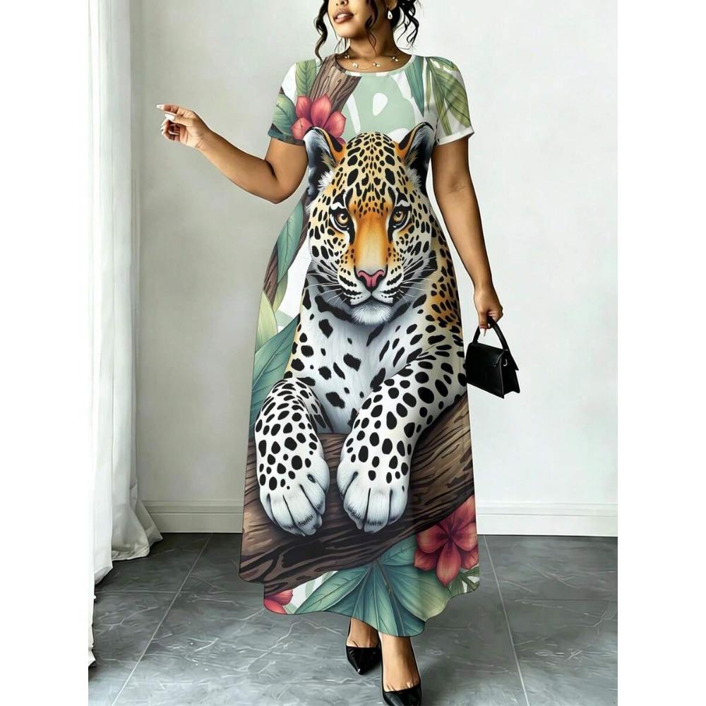Plus Size Tropical Floral Leopard Print Maxi Dress Summer Casual Round Neck Short Sleeve Loose Long Sundress With Pocket