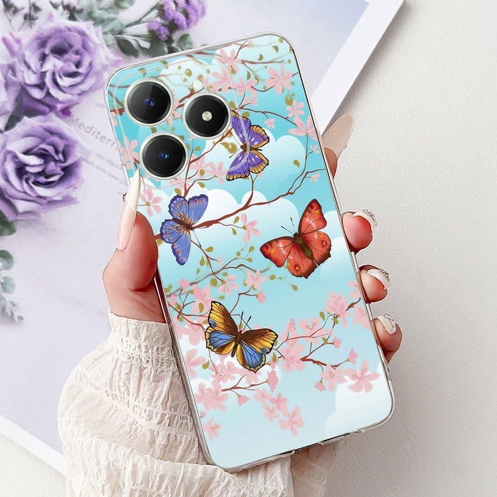 4G Clear For Realme Note 60 Case RMX3933 Luxury Butterfly Love Flowers Cool Lion Painted Phone Case For Realme Note 60X RMX3938