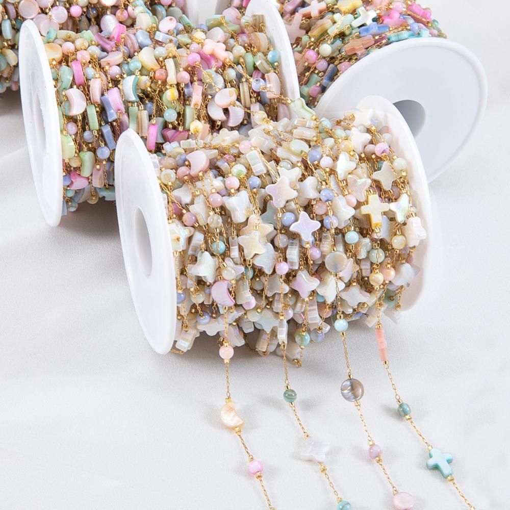 1Meter Stainless Steel Natural Shell Chains Colorful Heart Round Beaded Chains for DIY Necklace Bracelet Jewelry Making Supplies