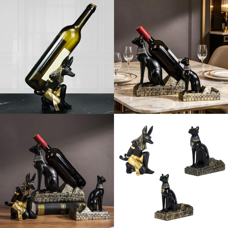 Exotic Themed Wine Rack With Bastet Anubis Statue Design Ancient Egyptian God Resin Kitchen Decors For Wine Enthusiasts