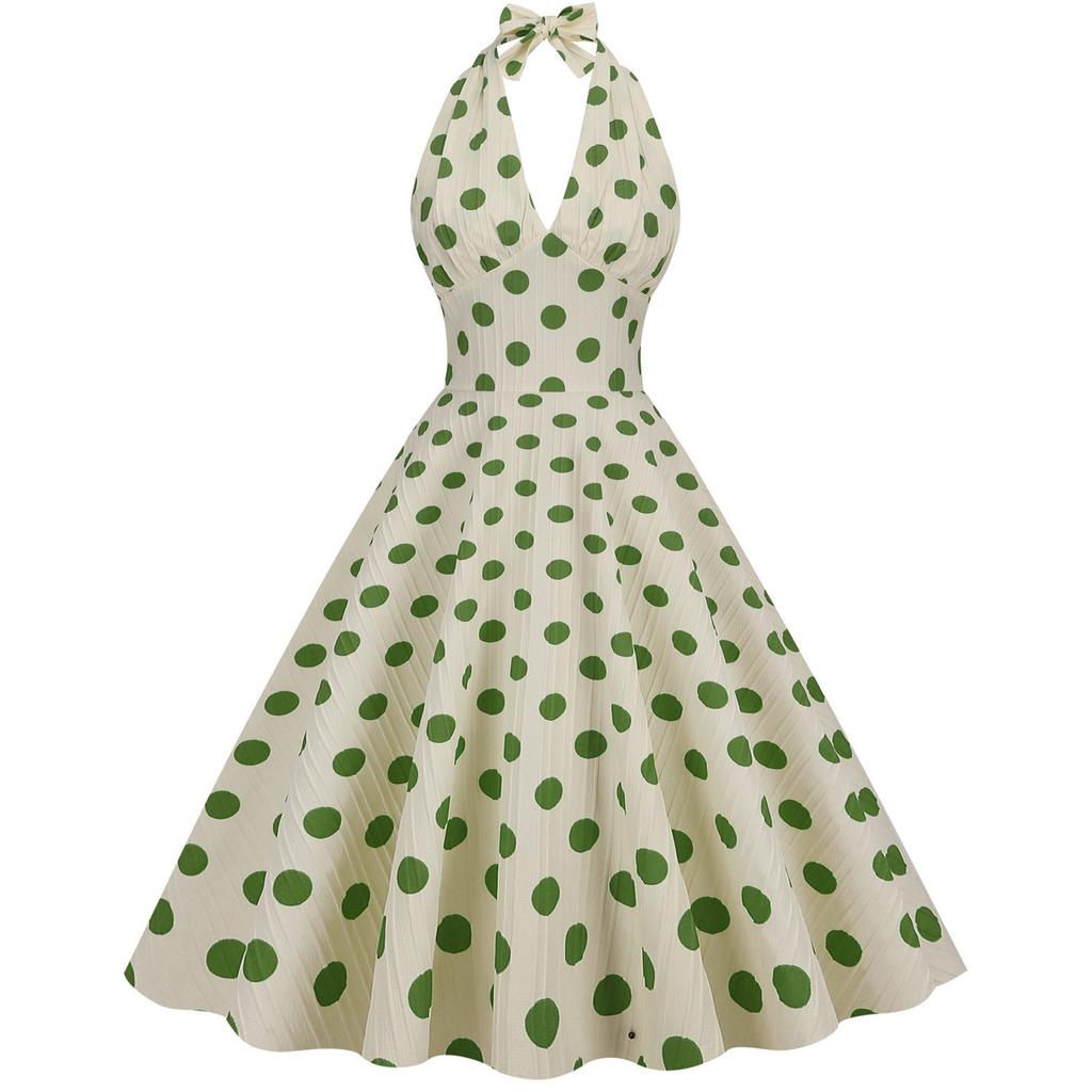 Women's Retro  High Waist Polka Dot Holiday Party Dress Neck Backless Sexy Midi Dress