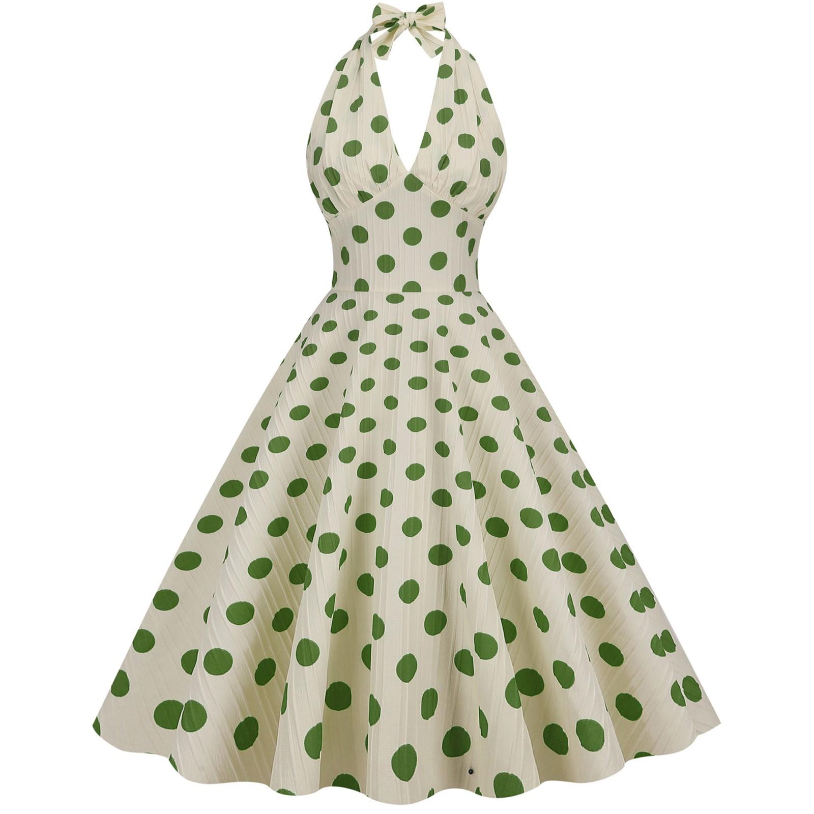 Women s Retro  High Waist Polka Dot Holiday Party Dress Neck Backless Sexy Midi Dress L