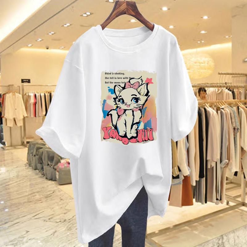 

2025 Summer Cartoon Cat Loose Lazy Large Size Short Sleeve Medium and Long Versatile Cotton Casual T-Shirt Women s Top S