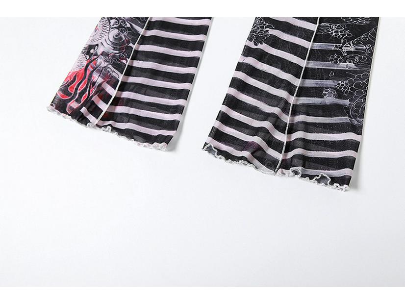 2025 Autumn Women's Sexy Mesh See-Through Print Top & High Waist Casual Pants Set