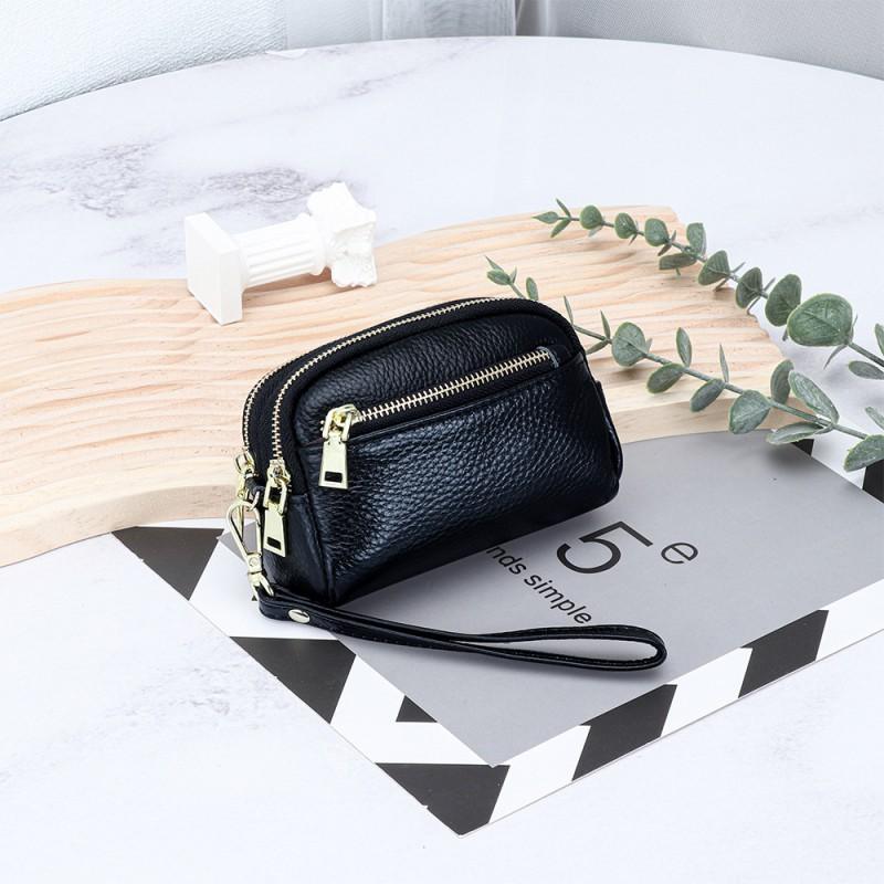 

Genuine Leather Hand-held Change Purse Women Simple Multi-layer Zipper Hand-twisted Small Bag First-layer Cowhide Storage 10x13x5cm чёрный