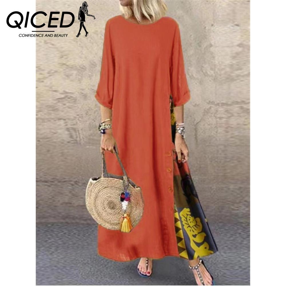 QICED 12 color Women Fashion Casual Loose Long Sleeve Floral Print Party Maxi Dress Plus Size Vestidos Longos Robe