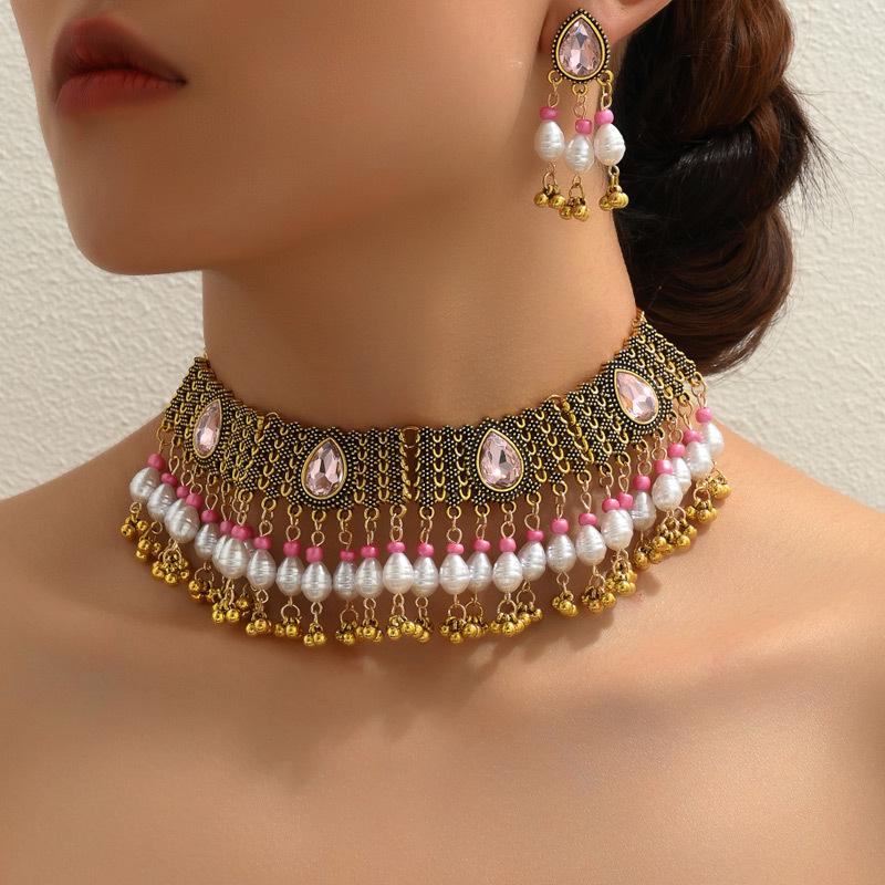 Southeast Asia Indian Ethnic Gemstone Beaded Earrings and Necklace Set