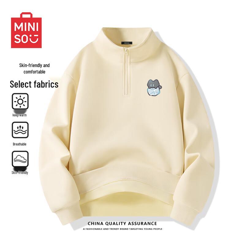 MINISO Men's Half-Zip Stand Collar Fleece-Lined Sweatshirt with Ice Cube Cat Logo