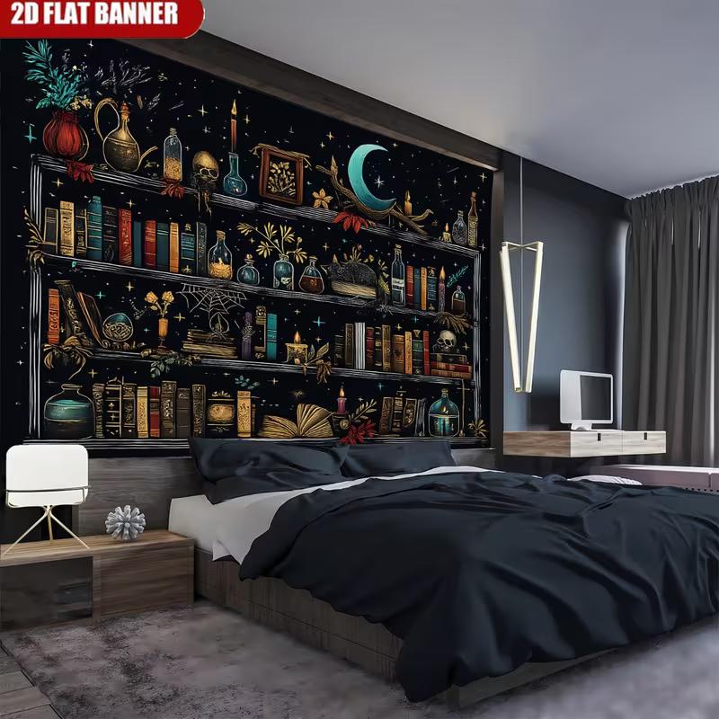 2D Dark Academia Witch Tapestry, Cosmic Moon & Potion Bottles Wall Decor