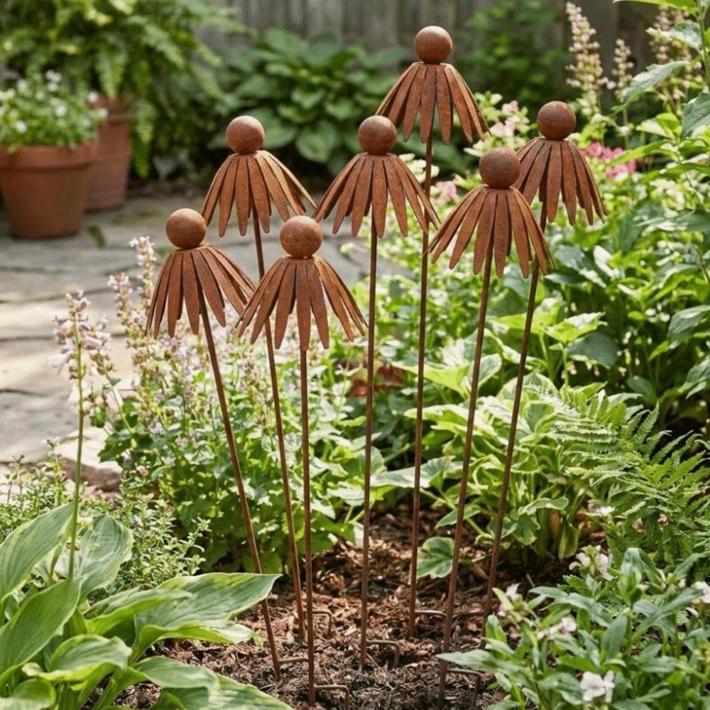Weather Resistant Flower Outdoor Stake Rusted Iron Curved Petal Stake  Porch Pathway
