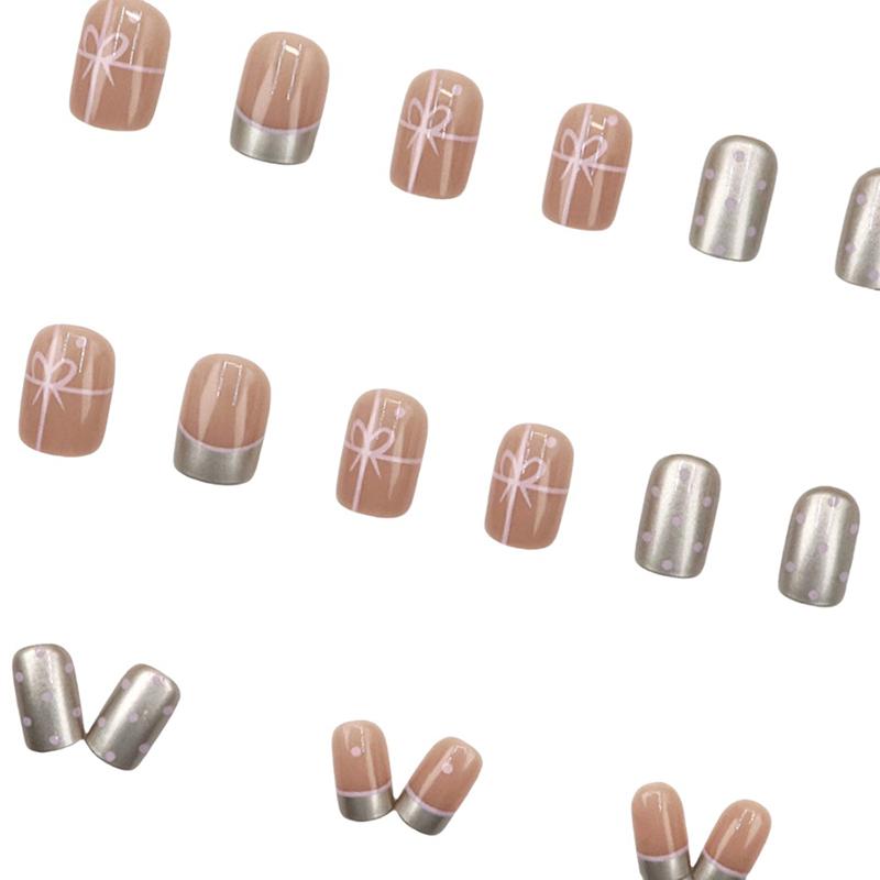 24Pcs Short Square False Nails Bow Pattern French Fake Nails Full Cover Detachable Nail Tips Press On Nails