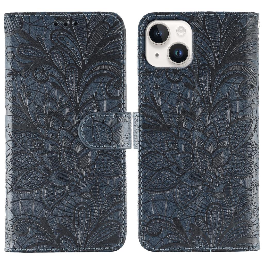 For iPhone 15 Case Lace Flowers PU Leather Flip Wallet Phone Cover