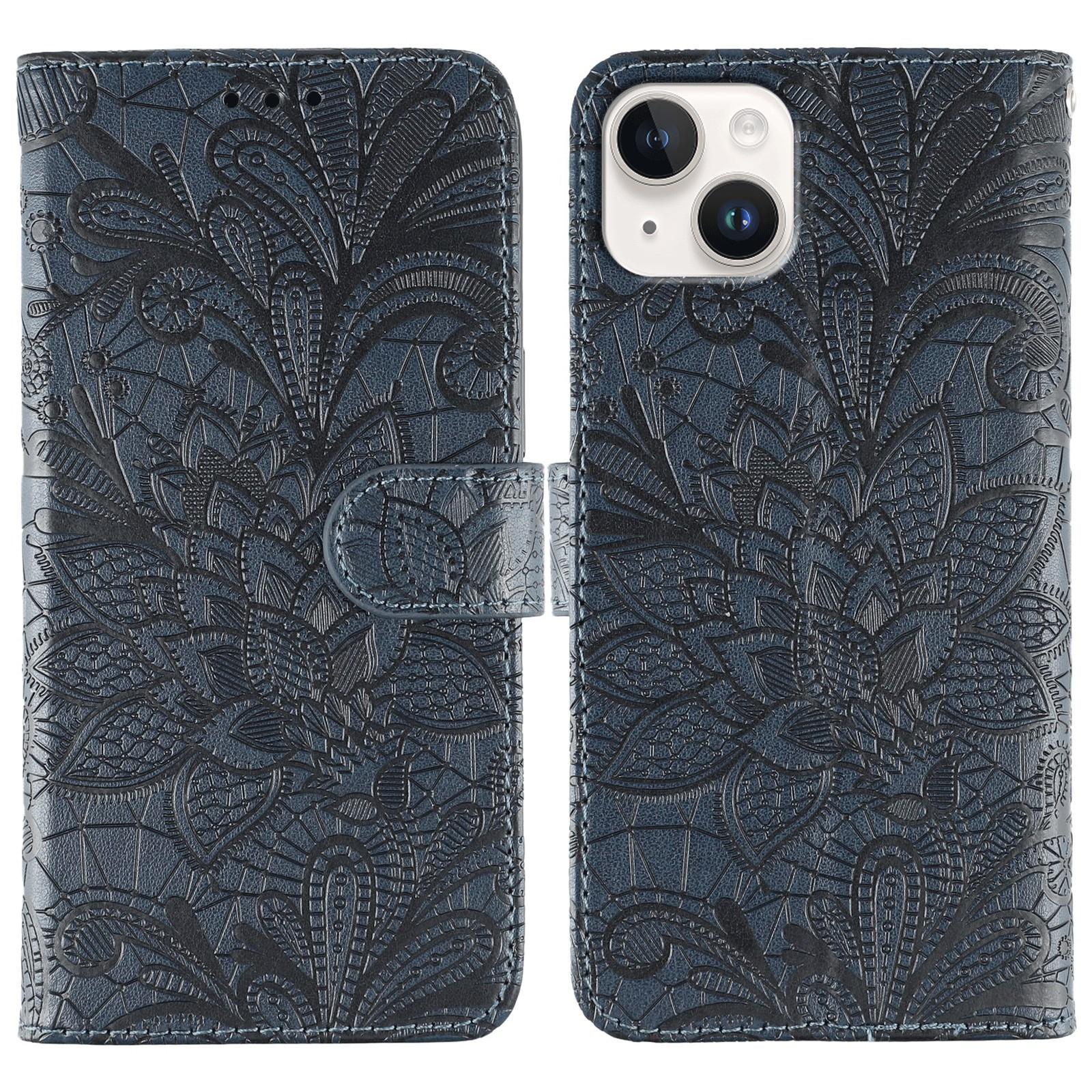 

For iPhone 15 Case Lace Flowers PU Leather Flip Wallet Phone Cover Dark Blue