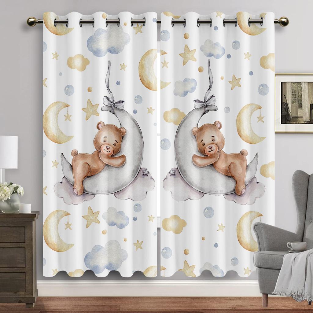 Cartoon Animals Window Curtain Living Room Watercolor Bunny Bear Eyelet Curtains Moon Print New Baby Room Drapes Free Shipping