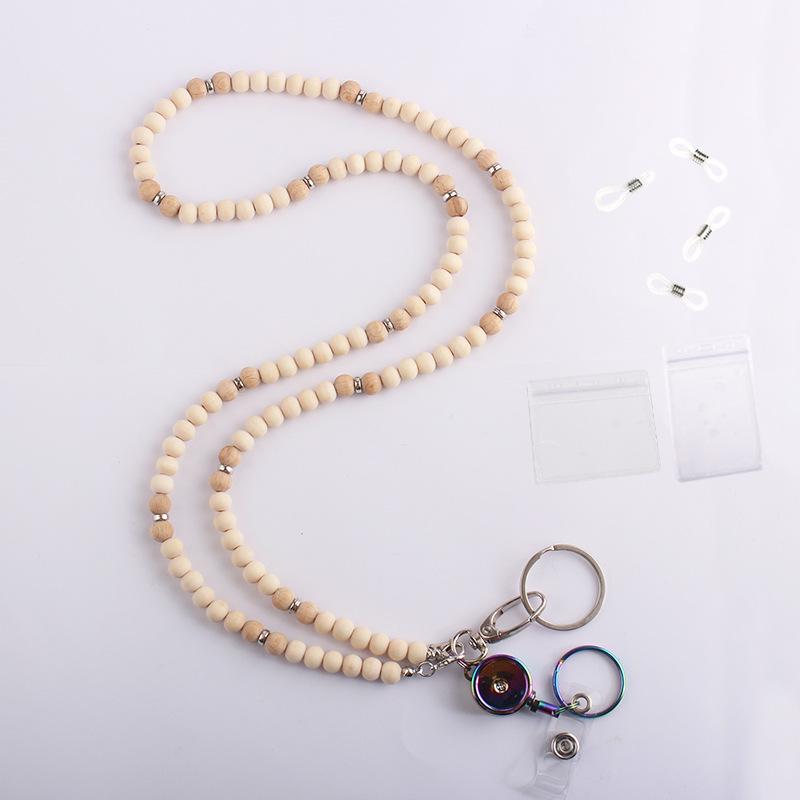 Unisex Stretchable Wooden Bead ID Necklace with Easy-Pull Key Chain