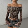 European and American women's clothing summer sexy one-word shoulder long-sleeved off-the-navel leopard print top sexy hot girl bottoming shirt