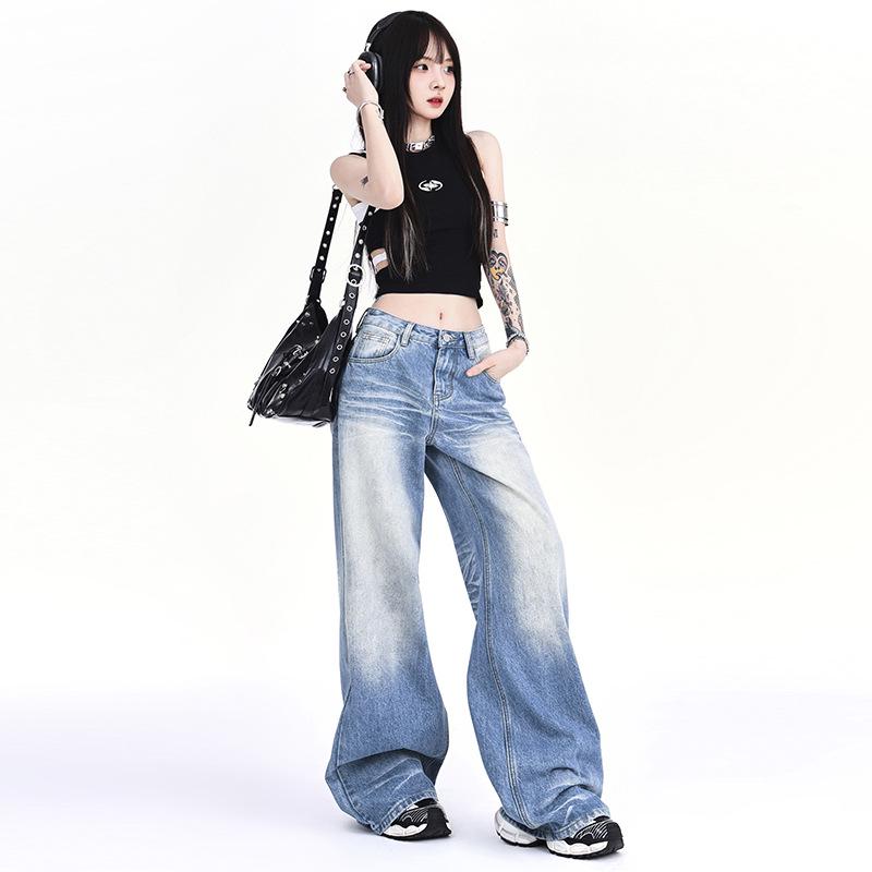 Women's 2024 Retro Low-Rise Wide-Leg Creased Distressed Jeans