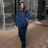 Ensembles décontractés en denim pour femmes, vestes slim à revers et manches bouffantes, pantalons droits taille haute, mode printemps 2025, ensemble 2 pièces pour femme